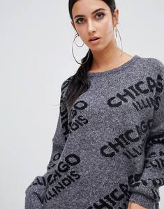 Plus Size Crew Neck <strong>Jumper</strong> Casual Dress Style <strong>With</strong> Chicago <strong>Slogan</strong> in Grey - Product Image 4