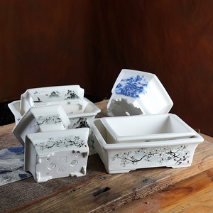 <span class=keywords><strong>Pot</strong></span> en céramique blanche émaillée fait main de qualité supérieure avec impression décorative, grand <span class=keywords><strong>pot</strong></span> de bureau chinois moderne pour bonsaï vert - Product Image 2