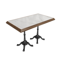 Table de restaurant commerciale moderne Senju en gros, plateau en marbre recouvert de bois massif, base carrée en métal pour café et hôtel