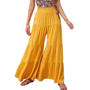 Summer Bohemian Women Casual Breathable Solid Elastic High Waist Tiered Loose Wide Leg Pants