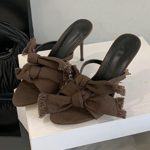 Women's Double Bow-knotted Thin Heels on Denim Mules Pumps <b>Open</b> Toe Anti-Slippery Sandals - Product Image 6