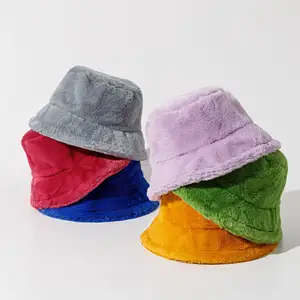 Sıcak satış renkli kadınlar balıkçı şapka rahat moda bayanlar sıcak Faux kürk kova şapka