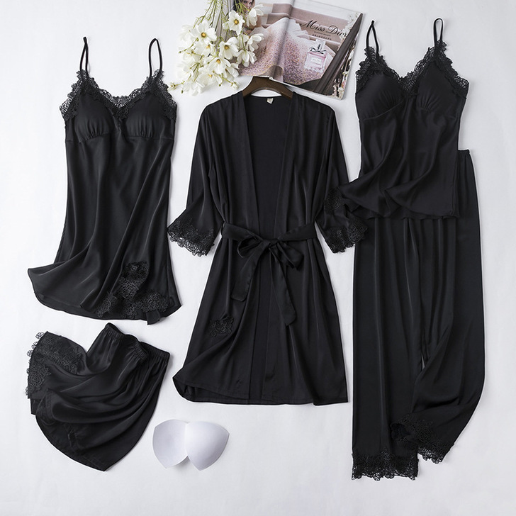 Set da cinque pezzi in raso di seta - Fiore nero da sogno idrosolubile
