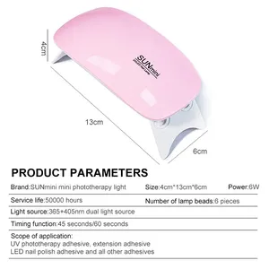 Mini-séchoir à ongles 6W portable, lampe UV LED 6 LED pour manucure, utilisation domestique, pour sécher le vernis à ongles, avec câble USB - Product Image 6
