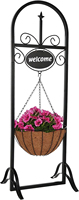 Support de jardinière en métal Oniya de 48 pouces avec panier en coco de 14 pouces et panneau de bienvenue, support de pot de fleurs autoportant pour jardin extérieur