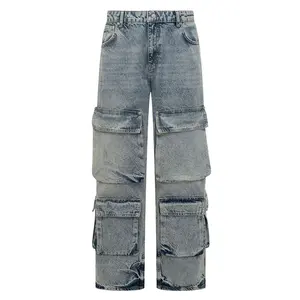 Pantalones vaqueros Cargo personalizados de 100% algodón para hombre, 5 bolsillos Cargo, cierre de botón con cremallera, bordado en la espalda, clásico Polar Boy Hip Hop Street