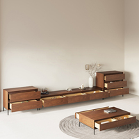 Meuble TV et table basse en bois massif noyer, style moderne et épuré 2024, avec plateau en pierre frittée