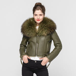 Novedades de Primavera y Otoño, <span class=keywords><strong>Abrigo</strong></span> de Piel de Oveja Genuina, Chaqueta de Piel de Oveja para Mujer con Cuello de Piel de Mapache - Product Image 1