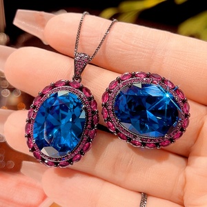 Fashion Jewelry Eco-friendly Copper Black Gold Plated Oval Cut 15*20mm <b>Blue</b> Zircon CZ Diamond <b>Necklace</b> Set for Women - Product Image 3