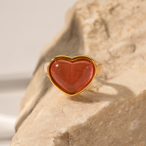 Anillo Abierto de Acero Inoxidable con Baño de Oro de 18K y Piedra Ojo de Gato Rosa, Diseño de Corazón, Novedad - Product Image 2