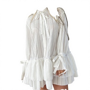 Vestido Casual de Verano 2025 para Mujer, Cuello Alto, Tejido Transpirable, Servicio OEM, Algodón Blanco, Manga Corta, con Cordones y Botones - Product Image 2