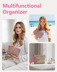 Borsa per il Trucco in Paglia, <span class=keywords><strong>Pochette</strong></span> da Polso, Borsa da Viaggio per Cosmetici con Cerniera, Borsa Portatile per Articoli da Toeletta e Cura della Pelle per Donne e Ragazze - Product Image 6
