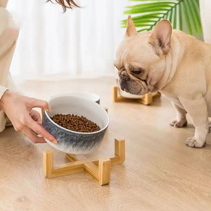 Hoge Kwaliteit Creatieve Dubbele Kommen Hond Sublimatie Huisdier Kom Schoon Moderne Keramische Hout Bamboe Voeden Kommen Water Voor Pet