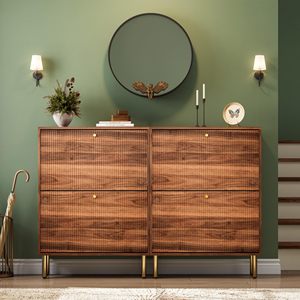 Meuble à chaussures moderne en <span class=keywords><strong>bois</strong></span> étroit pour entrée, avec 2 tiroirs rabattables, design cannelé, rangement à fond <span class=keywords><strong>creux</strong></span> et pieds en fer - Product Image 1