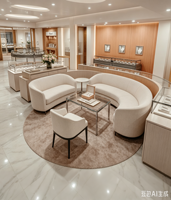 Boutique de bijoux et montres de luxe contemporains, design d'intérieur en placage de bois, salle d'exposition avec zone de négociation VIP