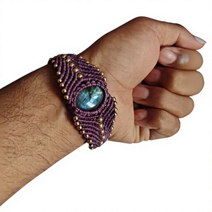 Handmade Purple Cuff <b>Bracelet</b> With Lapis Lazuli Stone Bezel Set <b>Boho</b> Ethnic Statement Jewelry Unisex Everyday Wear - Product Image 1