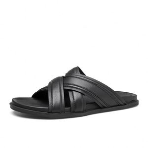 Sandales noires en cuir véritable à brides croisées, style classique, à bout ouvert, tongs d'été avec semelle antidérapante en EVA - Product Image 2