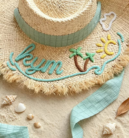 Chapeau de soleil en paille de raphia personnalisé brodé sur mesure pour femme, à large bord en dentelle, idéal pour les vacances d'été à la plage et la protection solaire