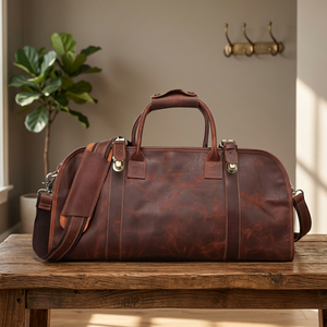 Low MOQ Genuine Leather Unisex Travel Duffle Bag Zipper Closure Lightweight Durable Vintage Style Characters Foldable Custom - Product Image 1