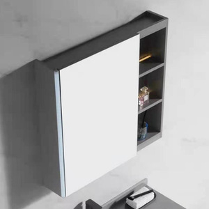 Gabinete de baño gris para montar en la pared con espejo y estantes de almacenamiento abiertos - Product Image 1