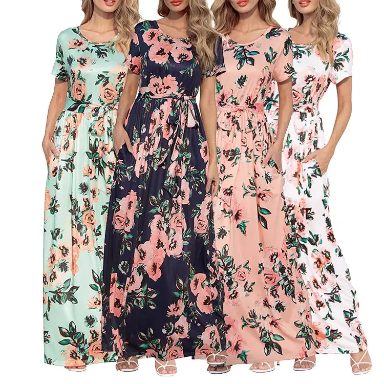 new fashion wholesale summer Round Neck printed floral casual maxi dresses women