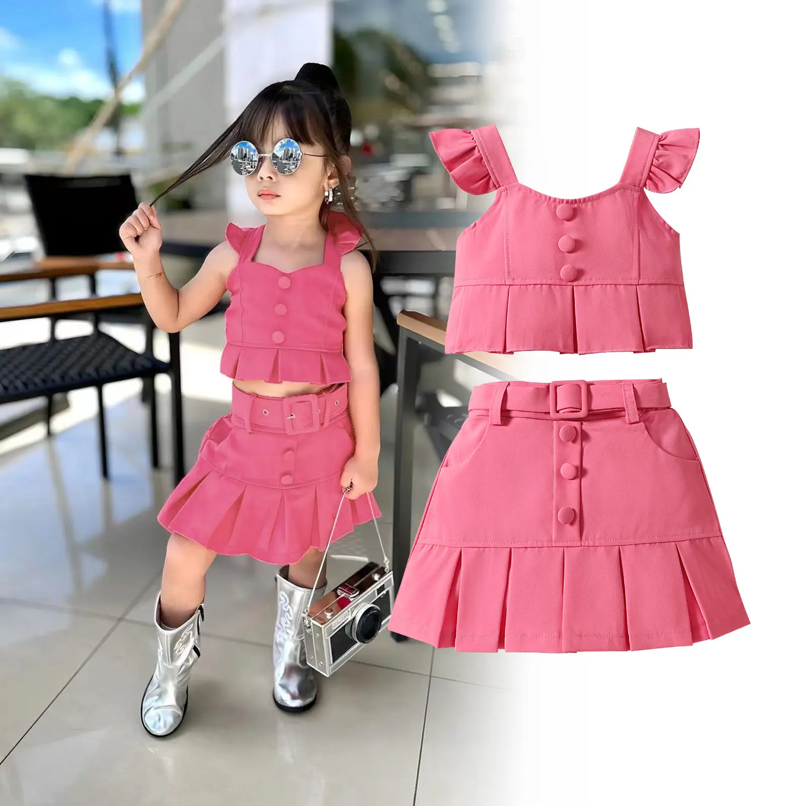 Abbigliamento per bambina da 90-130cm in tinta unita con volant e senza maniche Set di vestiti per vacanze per bambini vestiti estivi da bambina