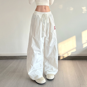 Women's Number Print Drawstring Waist Wide Leg <b>Pants</b>, Oversized Baggy Casual Street Trousers - Product Image 4