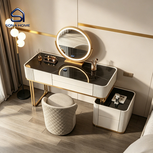 Luxury Gold Fluted Vanity <strong>Table</strong> Set with Dimmable LED Mirror and Storage Cabinet - Product Image 2
