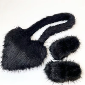 Winter Fashion Big Fur Slippers Shoe and Bag Set Faux Fur Women's Slippers Flat Bottom Designer Fur Slipper <b>Purse</b> Sets for Women - Product Image 3