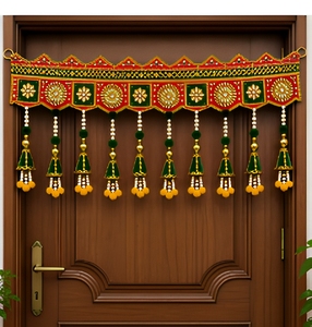 Traditional Indian Door Toran with Red Green Embroidery and Tassels for Entryway Decor - Product Image 1