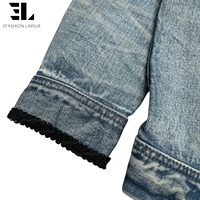 Veste Napoléon en jean vieilli LARSUR, coupe slim, col montant, style motard, avec short en jean, veste hussarde