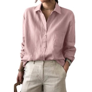 <span class=keywords><strong>Camicia</strong></span> in Cotone e <span class=keywords><strong>Lino</strong></span> Tinta Unita con Bottoni, Stile Retrò <span class=keywords><strong>Donna</strong></span>, Nuova Collezione Autunno 2026, Alta Qualità, Leggera, Stile Europeo Americano Transfrontaliero - Product Image 3