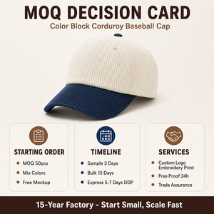 Gorra de béisbol de pana con bloques de color, estilo vintage, suave, transpirable, con visera firme, ajustable 56-60cm, logotipo personalizado, OEM, venta al por mayor, MOQ bajo - Product Image 5