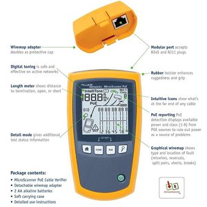 Analyseur de câbles Ethernet Fluke Networks MicroScanner PoE pour câbles RJ-45 Catégorie 5-6A avec écran LCD - Product Image 2