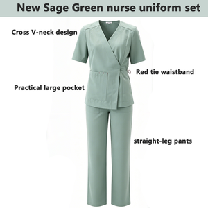 Conjunto de Uniformes Médicos Verdes para Enfermeras al <span class=keywords><strong>por</strong></span> Mayor, Uniformes de Alta Calidad, Conjuntos de Uniformes Elásticos con Diseño de Cuello Cruzado en V - Product Image 2