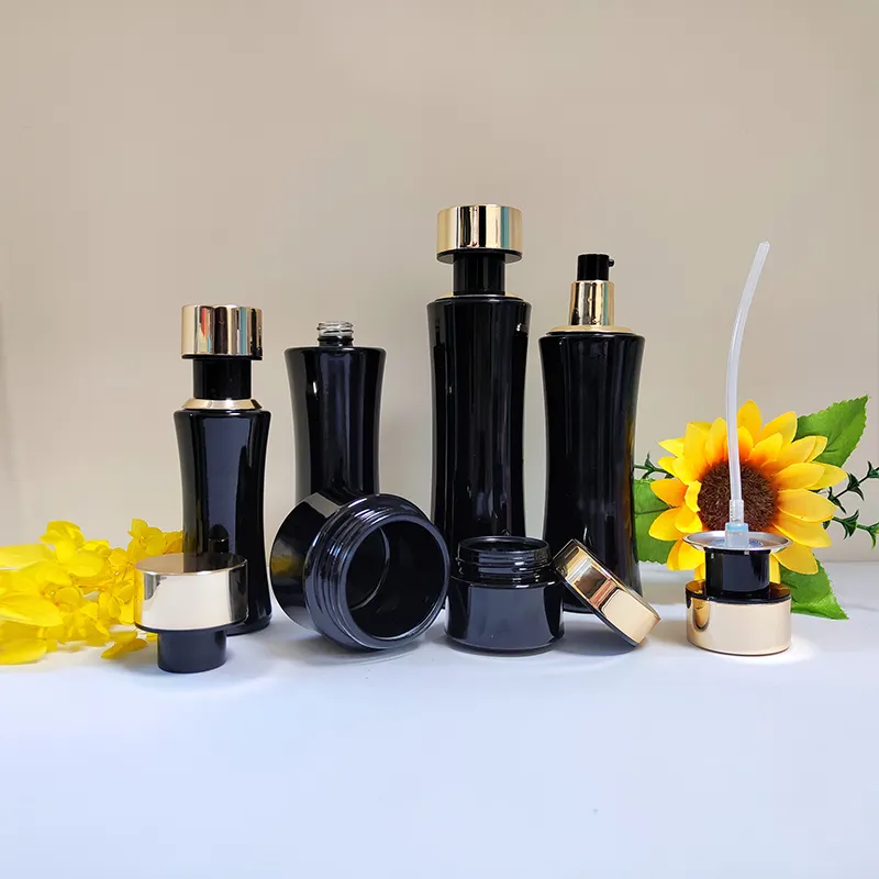 Flacone di vetro cosmetico nero personalizzato flacone di fondotinta Toner barattolo di crema per il viso con coperchio flacone di pompa per lozione per crema di siero lozione