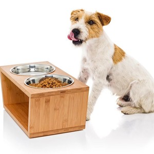 Support en bambou pour gamelles d'animaux, double station d'alimentation surélevée en bois pour chiens et chats, usage domestique - Product Image 1