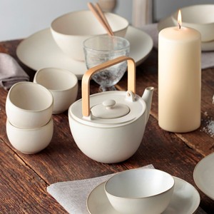 Service à thé en céramique de style asiatique avec théière et tasses en grès à glaçure réactive, poignée en bois – Idéal pour hôtels, restaurants, boutiques – Vente en gros - Product Image 2