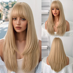 Perruque synthétique blonde dégradée avec <span class=keywords><strong>frange</strong></span> - Perruque longue et droite pour femme, aspect naturel, pour usage quotidien et fêtes, résistante à la chaleur - Product Image 1