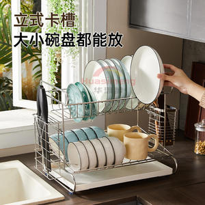 Égouttoir à vaisselle double couche en acier inoxydable 304 avec plateau, séchage rapide, support de rangement de cuisine, taille L, carré - Product Image 2