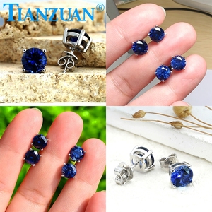 Pendiente de zafiro azul real/azul aciano creado en laboratorio 5-9mm con inclusiones forma redonda S925 pendientes de plata joyería - Product Image 6