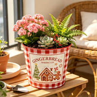 Pot de fleurs décoratif en métal, motif maison en pain d'épices et bonhomme de neige, jardinière en étain, conteneur de rangement intérieur, ornement de Noël pour la maison
