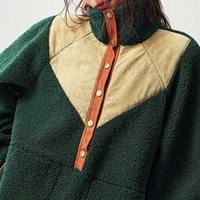 Sweat-shirt Teddy personnalisé pour femme, style vintage, en polaire, col montant, demi-boutonné, patchwork colorblock, décontracté, OEM