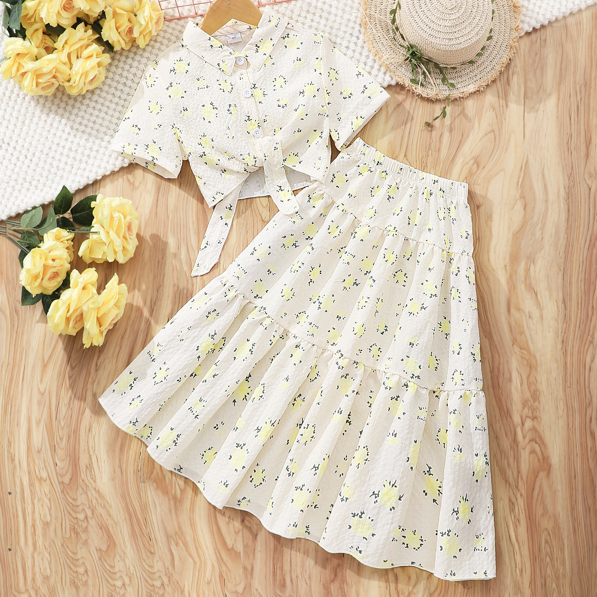 2pcs girls party dresses Mezzall Girls Outfits & Sets Casual Beach School Party Wear Sleeveless Bow Print Dress With Solid Color Long Sleeve Ribbed Cardigan 2pcs Toddler Kids