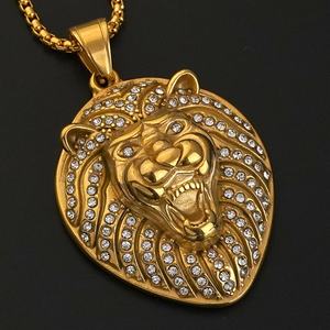 Collier pendentif tête de lion pour homme, style hip-hop, entièrement en acier inoxydable serti de zircone cubique, pour les hipsters, par le fabricant - Product Image 1