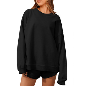 Conjunto de 2 piezas de sudadera y pantalones cortos de punto para mujer, cuello redondo, manga larga, color negro liso, corte holgado, ropa informal para todas las estaciones - Product Image 1