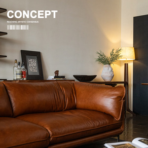 Sofá de Cuero Encerado Estilo Vintage de Mediados de Siglo, Sofá Recto de 3-4 Plazas para Sala de Estar Pequeña - Product Image 1