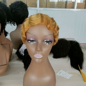 Perruque ondulée naturelle, sans Lace, cheveux <span class=keywords><strong>bouclés</strong></span>, <span class=keywords><strong>coupe</strong></span> Pixie, pour femmes noires, couleur brun et jaune, très populaire - Product Image 6