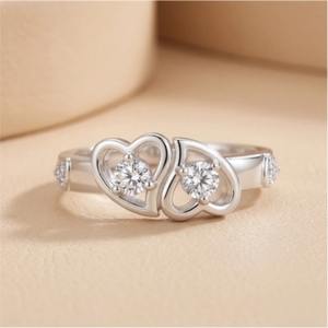 Bijoux élégants de haute qualité, bague de promesse en argent sterling 925 avec double cœur entrelacé et zircon cubique pour femmes - Product Image 2