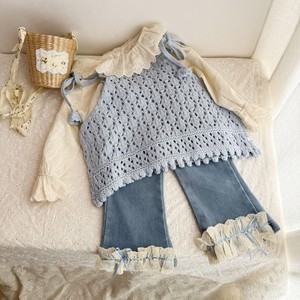 Tongxingyuan Girls 3 Piece Set Lace Collar Shirt Knitted Vest Flared Jeans Cotton Spring Outfit - Product Image 2